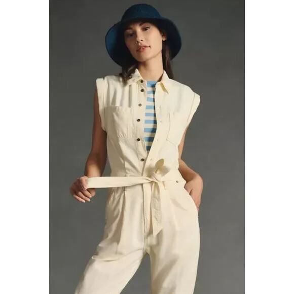 Anthropologie Rag & Bone Anna Jumpsuit Large White Denim Utility Coveralls Boho - Picture 5 of 16